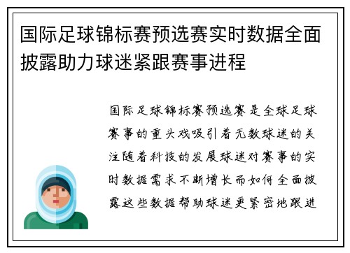 国际足球锦标赛预选赛实时数据全面披露助力球迷紧跟赛事进程