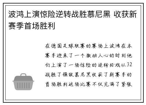 波鸿上演惊险逆转战胜慕尼黑 收获新赛季首场胜利