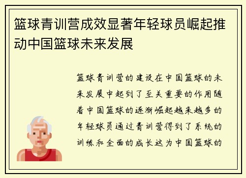 篮球青训营成效显著年轻球员崛起推动中国篮球未来发展
