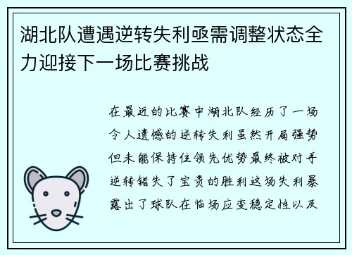 湖北队遭遇逆转失利亟需调整状态全力迎接下一场比赛挑战